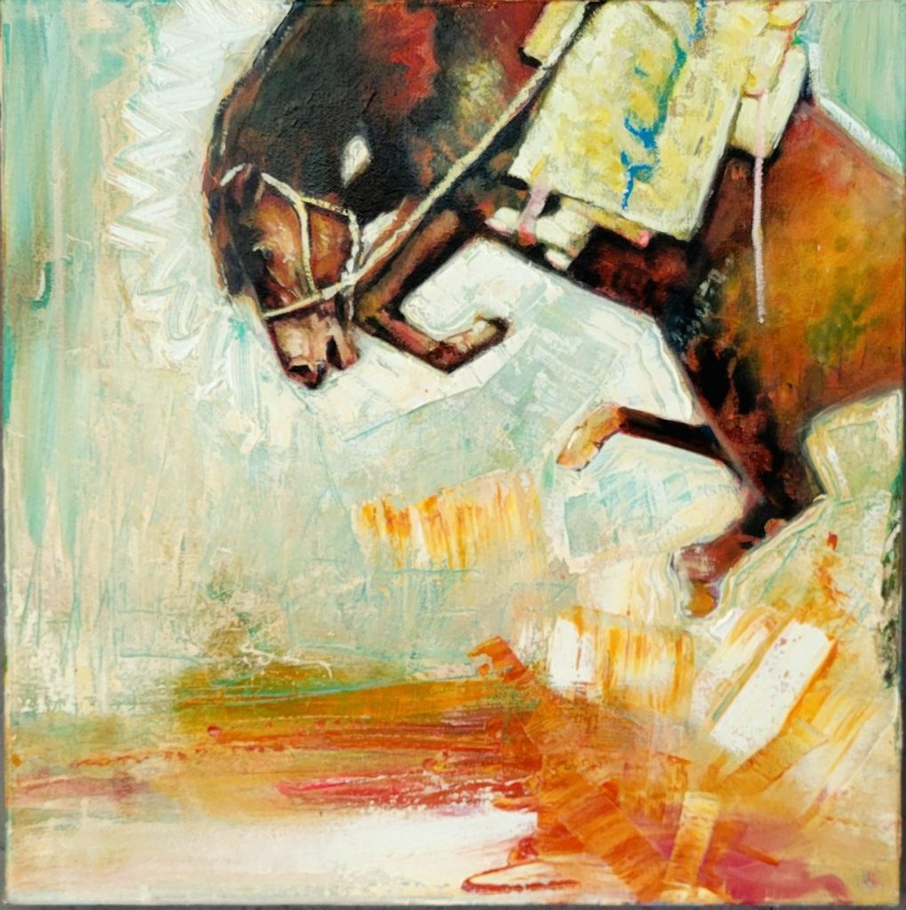 A horse and rider leap up cutting off the top of the rider. expressive mark making in orange blue and white set the scene.