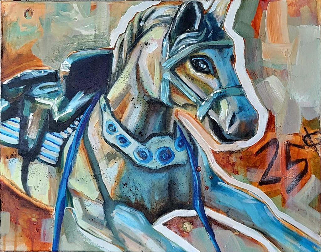 a hobby horse is painted with bold brush strokes.