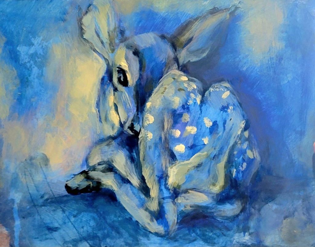A loosely painted fawn in blue