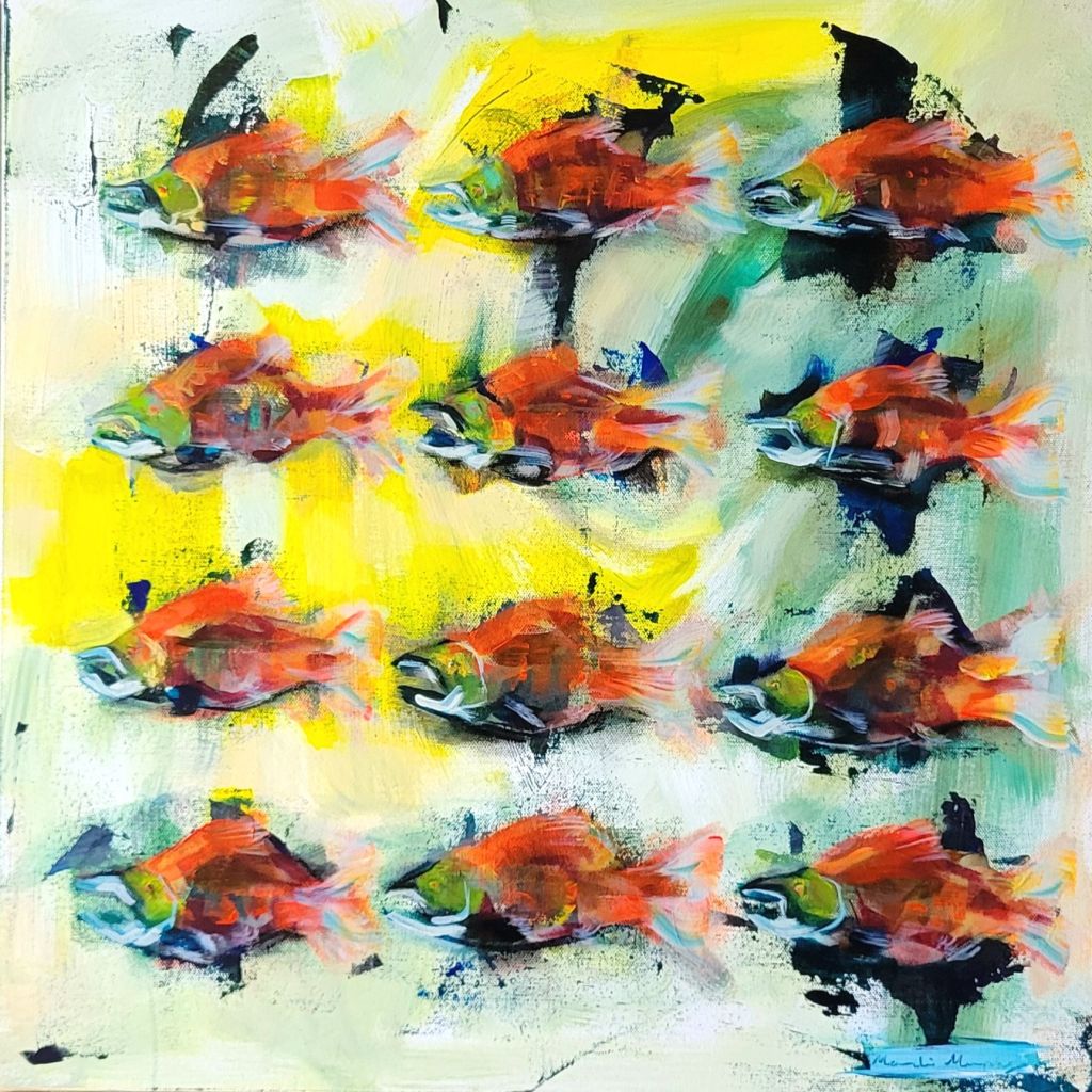 9 red and green salmon are painted in a grid on a yellow and green background.
