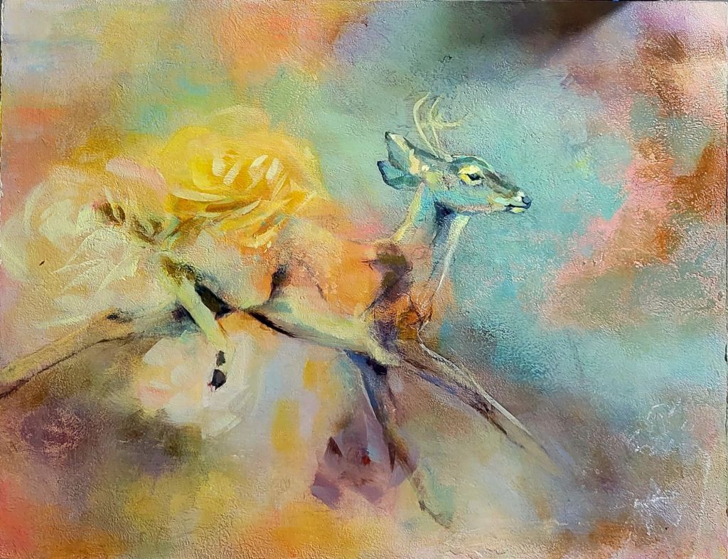 A young buck is running through a cloud like scene with flowers fading in and out represented in sunset colors.