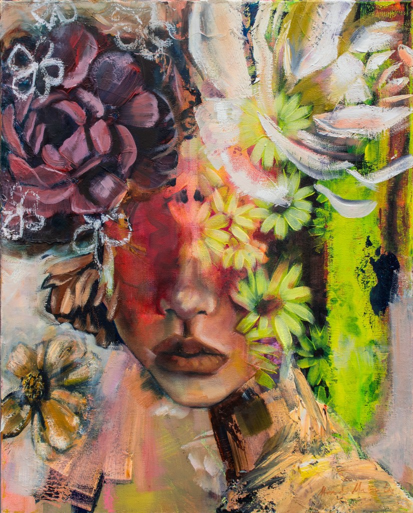 Flowers fade in and out of an abstract portrait.