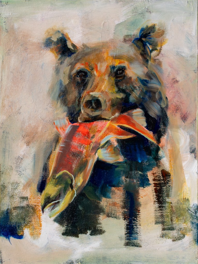 image of a loosely painted bear with a vibrant red salmon in its mouth.