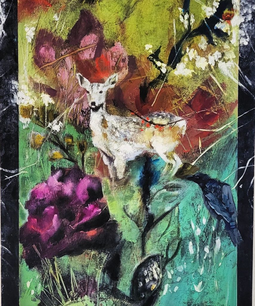 A deer stands in the background of an abstracted forrest. A blackbird is watching from the foreground