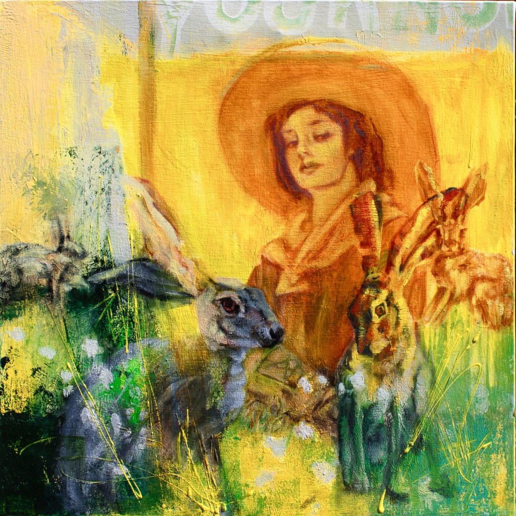 A vintage style cowgirl painted in warm yellows and earthy reds looks over several jack rabbits painted in different styles.