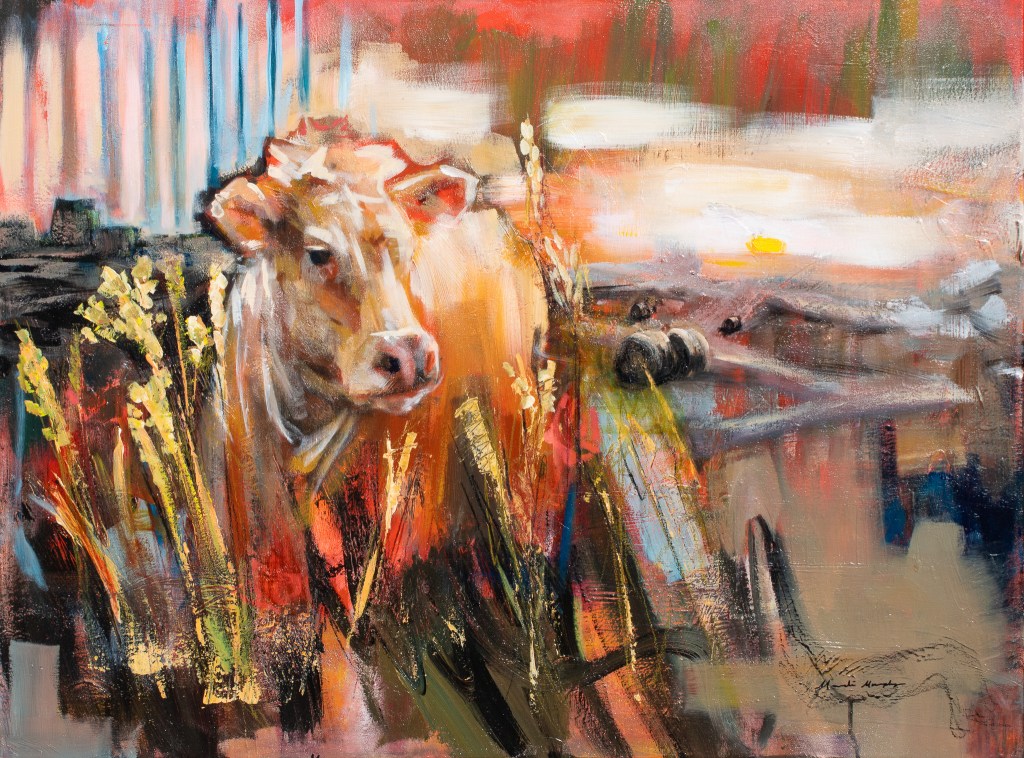 Loosely painted cow in a hay field. Large brush strokes and bold colors set the scene.