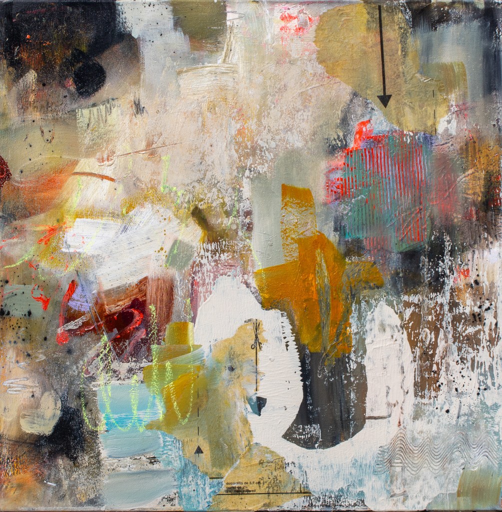 an abstract painting in mostly neutral tones with pops of neon and collage