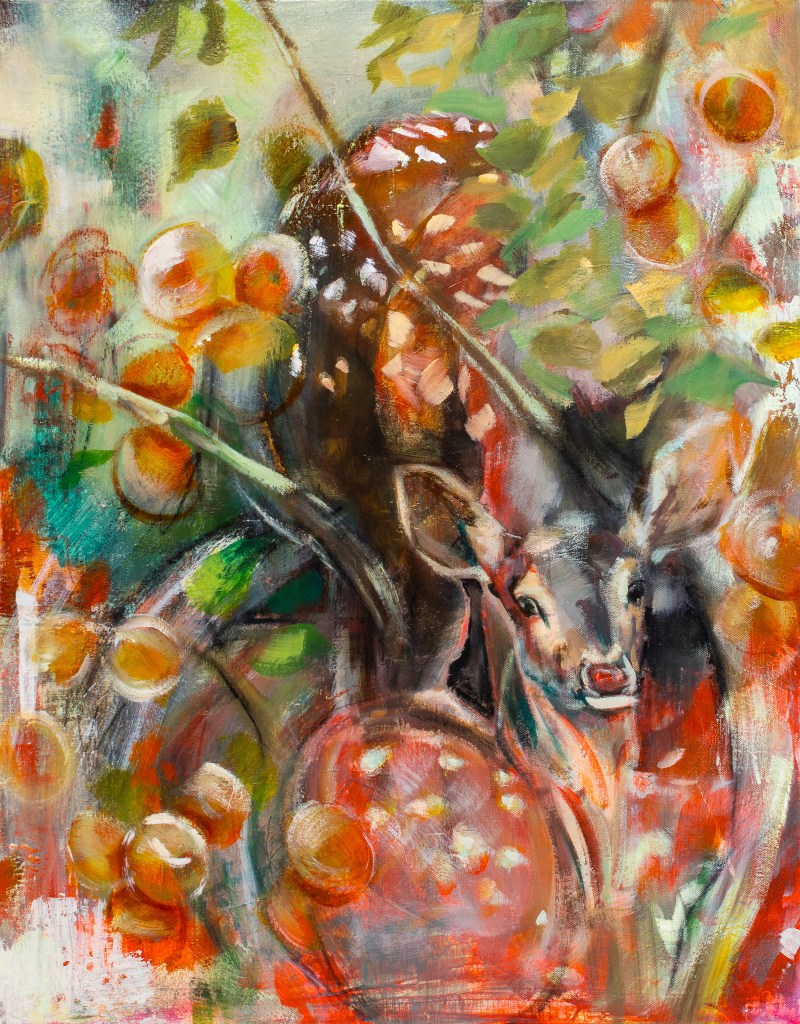 Abstract and realistic elements blend together to show a fawn laying under a peach tree with its mother in the background