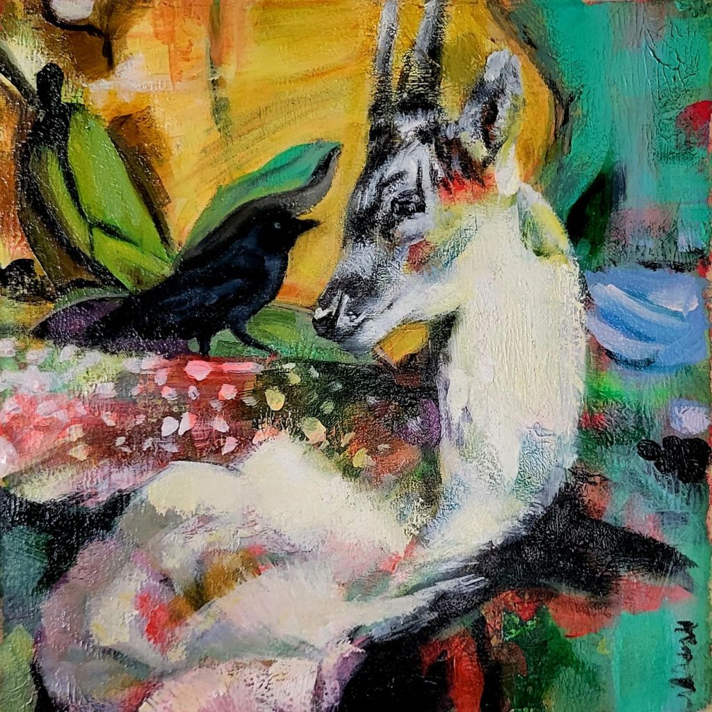 a black bird and a deer look at each other in the eyes in an abstracted floral background